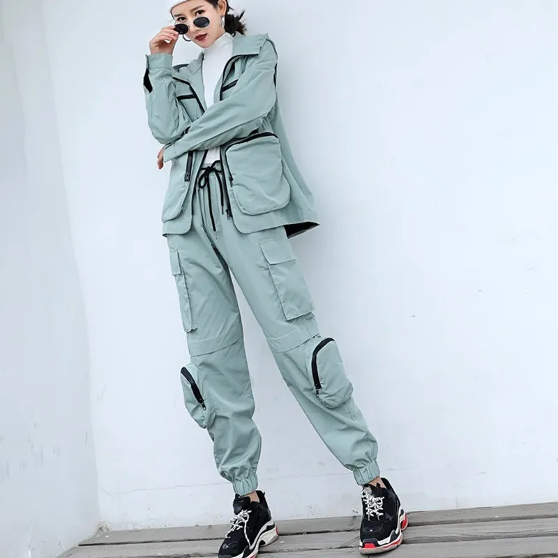 2019 Spring Two Piece Set Hooded Long Sleeve Loose Zipper