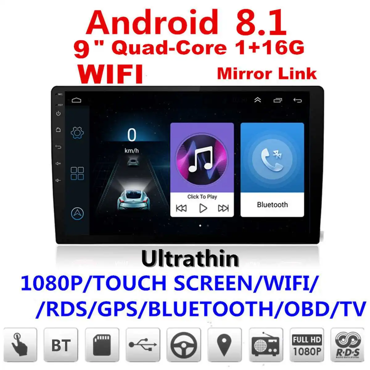 

9'' Android 8.1 Quad Core Car GPS Nav Radio Video Player Stereo Universal 2DIN Touchable bluetooth WiFi DAB Multimedia Player