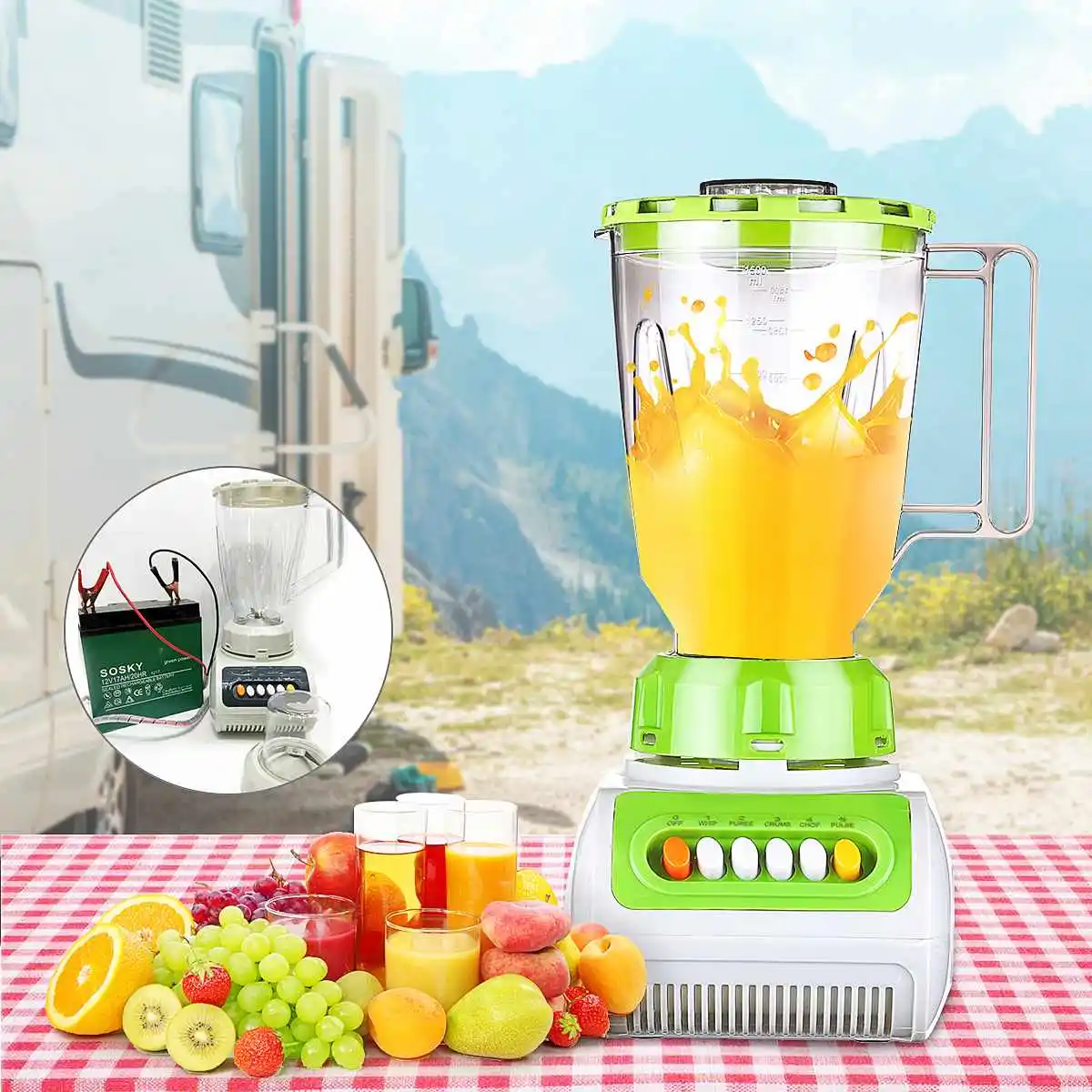 

1.5L DC 12V 14x20x24.5cm Removable Juicer Mixer Juice Maker With Mill Jar Coffee Grinder For RV Cars 4 Speed Motor with 6 Button
