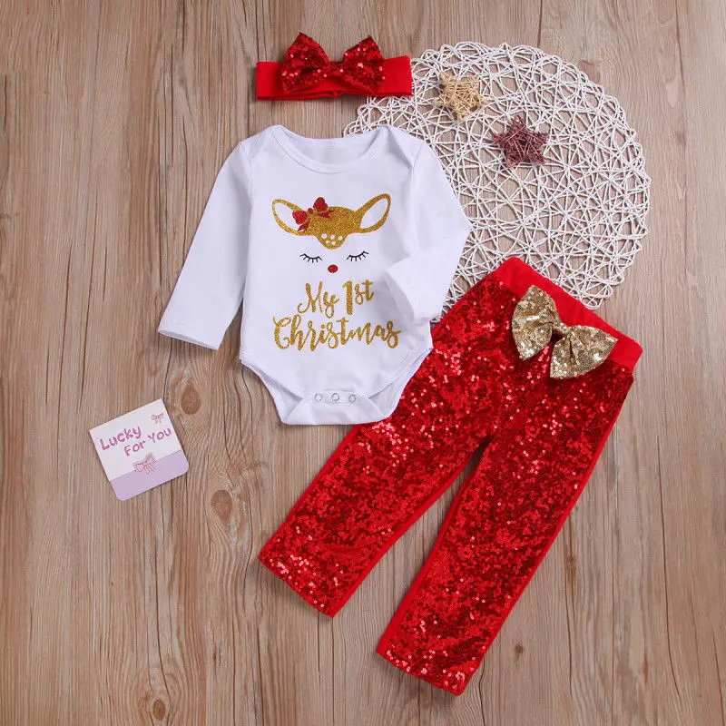Комплект рождественской одежды с блестками для новорожденных девочек из 3 предметов, рождественские комбинезоны с оленями, Топы+ штаны с бантом, новогодние наряды для маленьких девочек