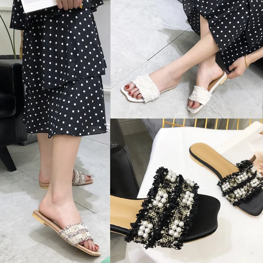 

Women Pearls Sandals Flat Heel Beach Slippers Lady Summer Chic Glitter Slides Flip Flops