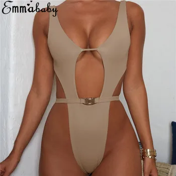 

Trendy Women clothes Polyester Deep V-neck sleeveless solid Bodysuit slim backless casual Tops One Pieces