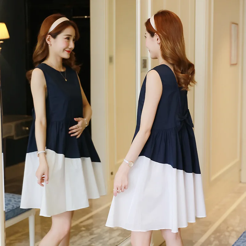 Одежда для беременных Vestidos летнее Новое корейское модное платье для беременных голубое белое платье с бантом элегантное платье для беременных женщин