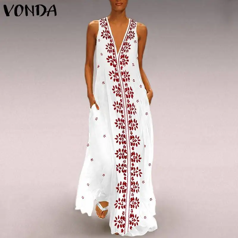 

VONDA Women Summer Beach Dresses Vintage Print Maxi Long Party Dress Sexy V Neck Sleeveless Casual Loose Plus Size Vestidos
