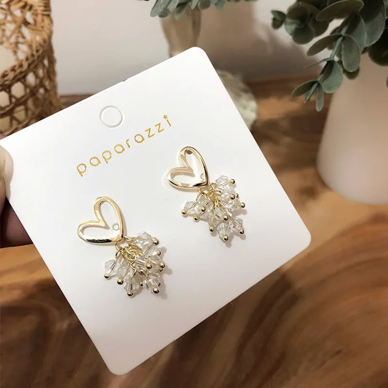 

2019 Korea Japan Sweet Temperament Wild Elegant Metal Gold Love Crystal Tassel Ear Girls Party Women Earrings