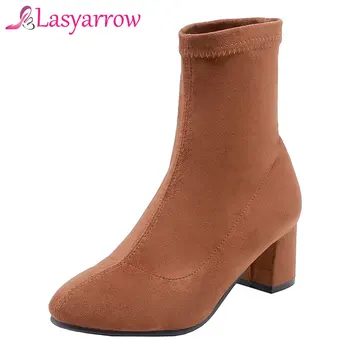 

Lasyarrow 2018 Flock Leather Women Sock Boots Thick High Heels Ankle Boots for Women Fashion Slim Stretch Shoes Woman Plus Size