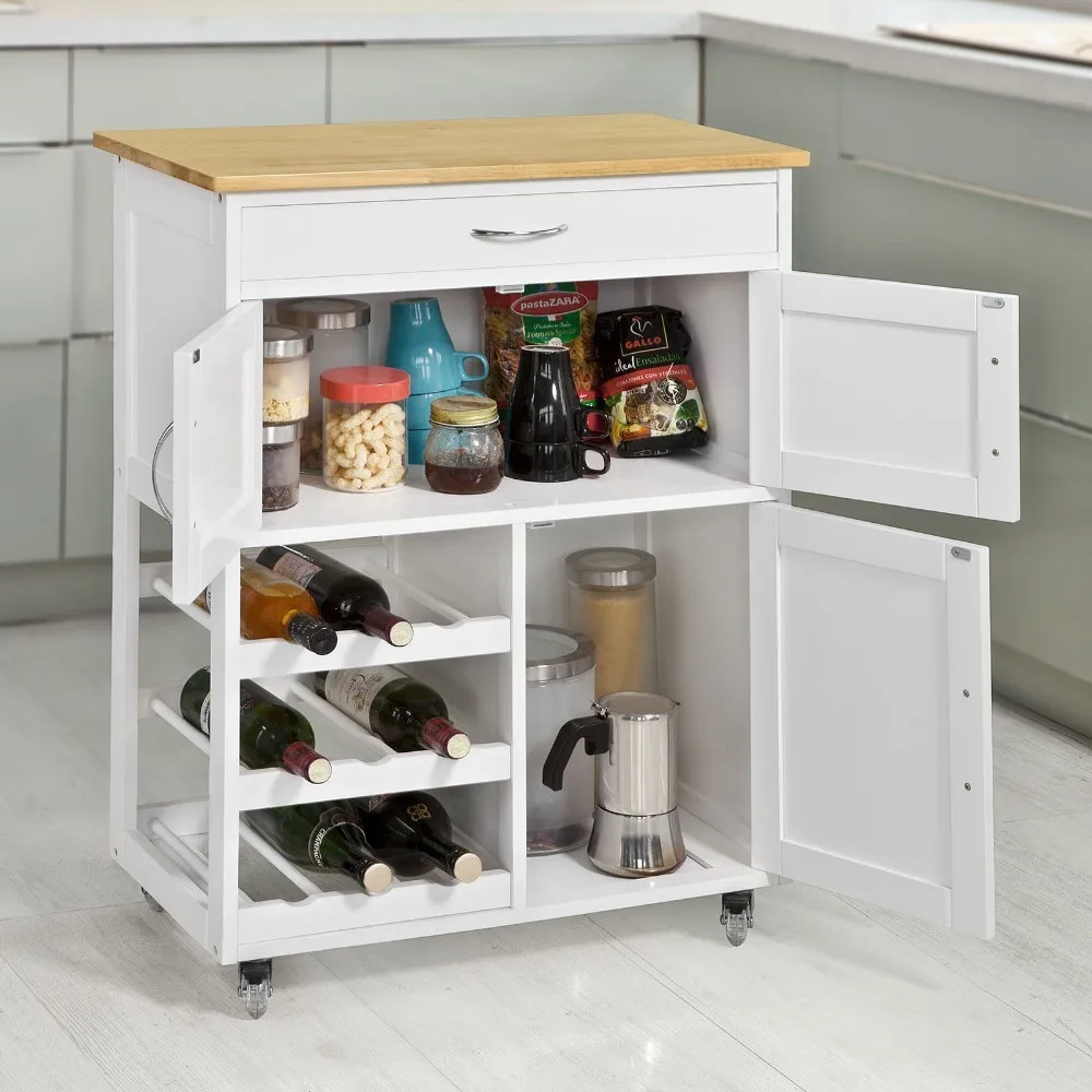 SoBuy FKW45-WN Kitchen Storage Serving Trolley Cart with Rubber Wood Worktop Storage Cabinet - 32955874889