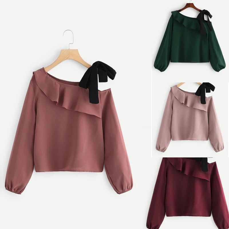 

2019 Summer Autumn Chiffon Blouse Women Sexy splicing one off the shoulder Bow lace up Shirts Long Sleeve Blouses elegant
