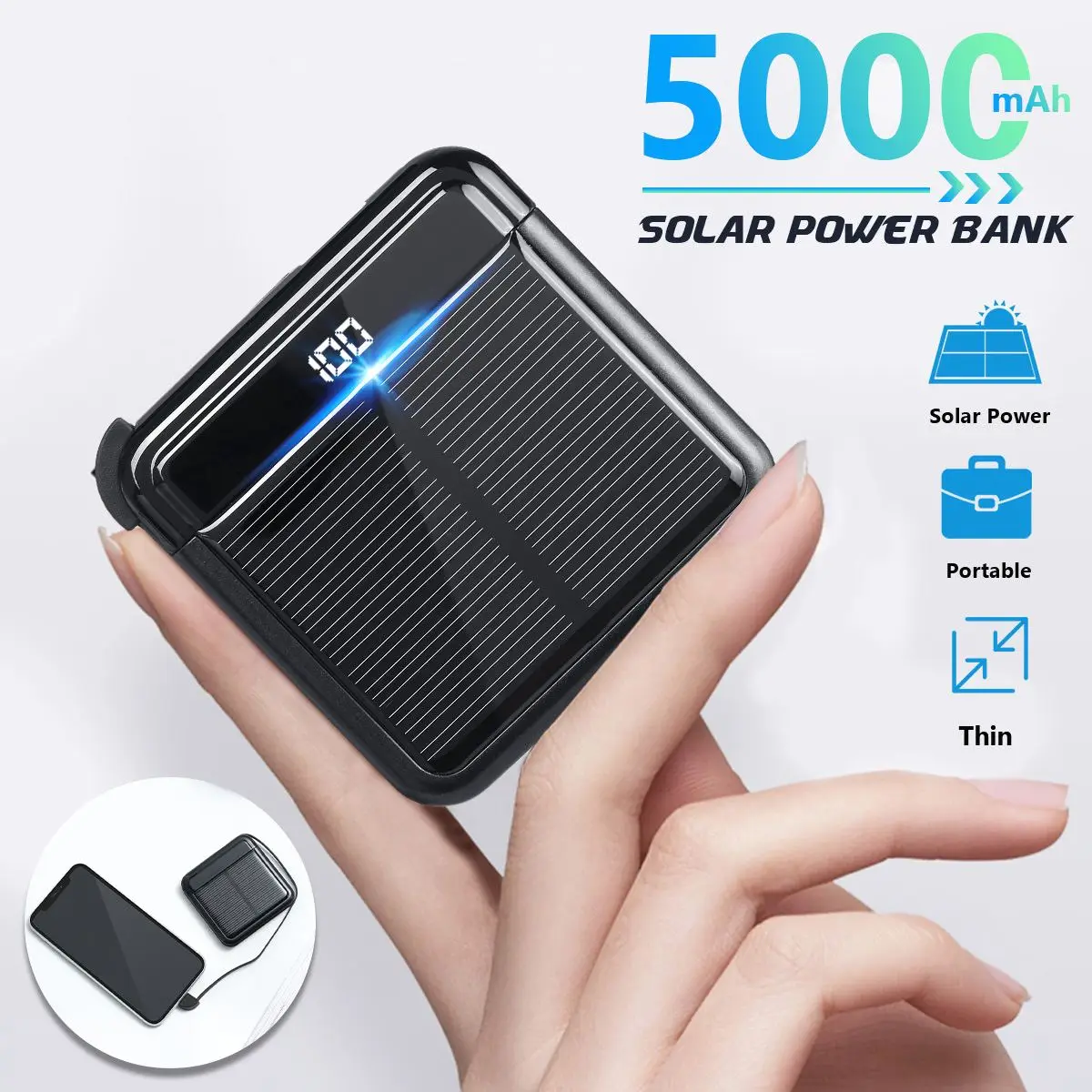 

5000mAh Portable Solar Power Bank Waterproof LCD Screen Mobile Phone USB Battery Charger External Battery for iPhone for Xiaomi