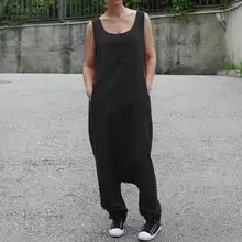 ZANZEA Plus Size Women Jumpsuit Overalls Drop-Crotch Rompers Long Pants Jumpsuits Casual Pockets Playsuit Combinaison Femme drop crotch racer back solid cami jumpsuit