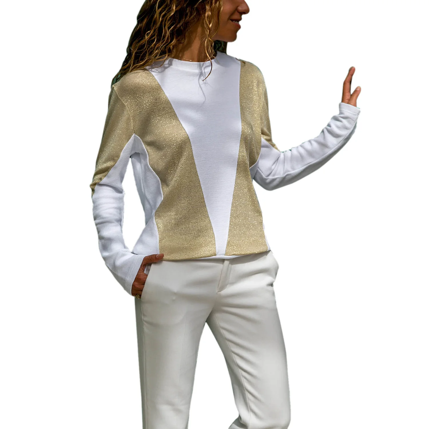 EAS-Women Autumn Long Sleeve Round Neck T-Shirts Ladies Casual Patchwork Fashion Tops Contrast Color Splicing Blouse |