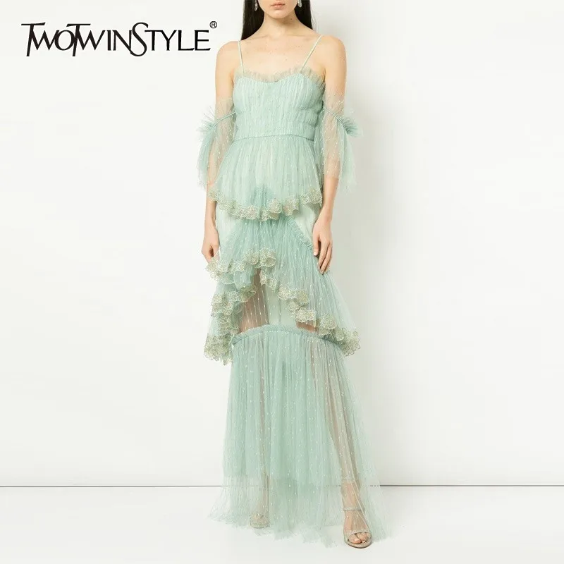 

TWOTWINSTYLE Off Shoulder Long Dress Women Embroidery Patchwork Strap High Waist Flare Sleeve Maxi Dresses Female 2019 Fashion