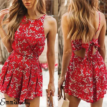 

Summer Sleeveless Bohemian Women Bodycon Jumpsuit Playsuit Shorts Romper Beach Print Floral Backless Holiday Leotard