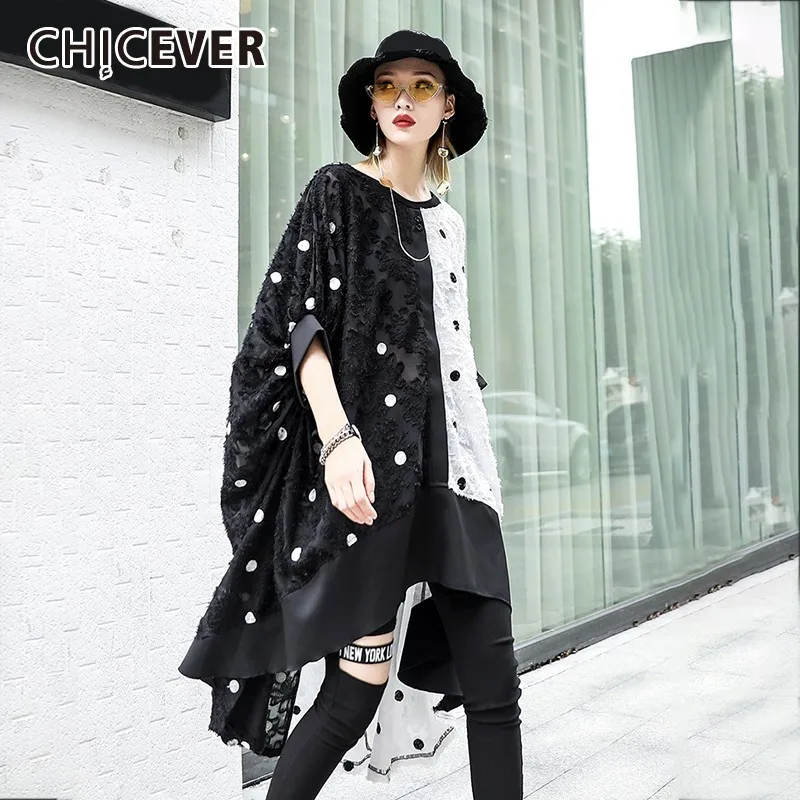 

CHICEVER Summer Casual Hit Color Patchwork Dot Lace Women Dress O Neck Three Quarter Sleeve Loose Plus Size Dresses 2019 Fashion