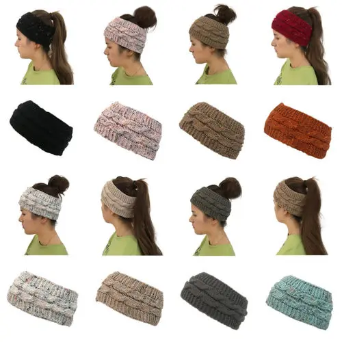 

Women's Girl Stretchy Knit Hat Messy Bun Ponytail Beanie Holey Warm Caps Winter Headband Headwear