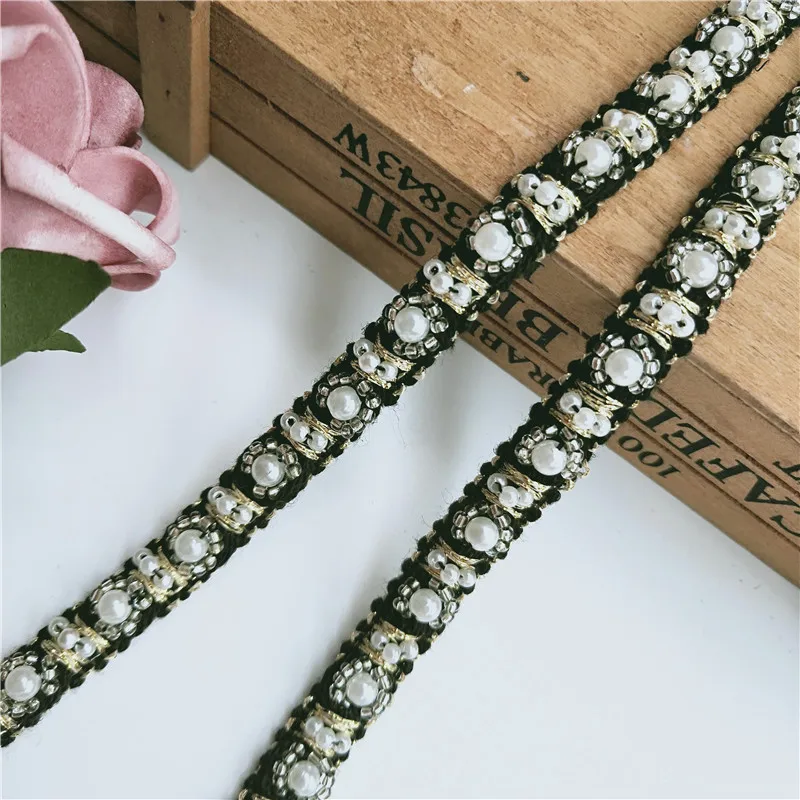 

1 yard 10mm Width Black Gold Cotton Pearl Beaded Lace Trim Embroidered Lace Ribbon Fabric Handmade Sewing Supplies Craft