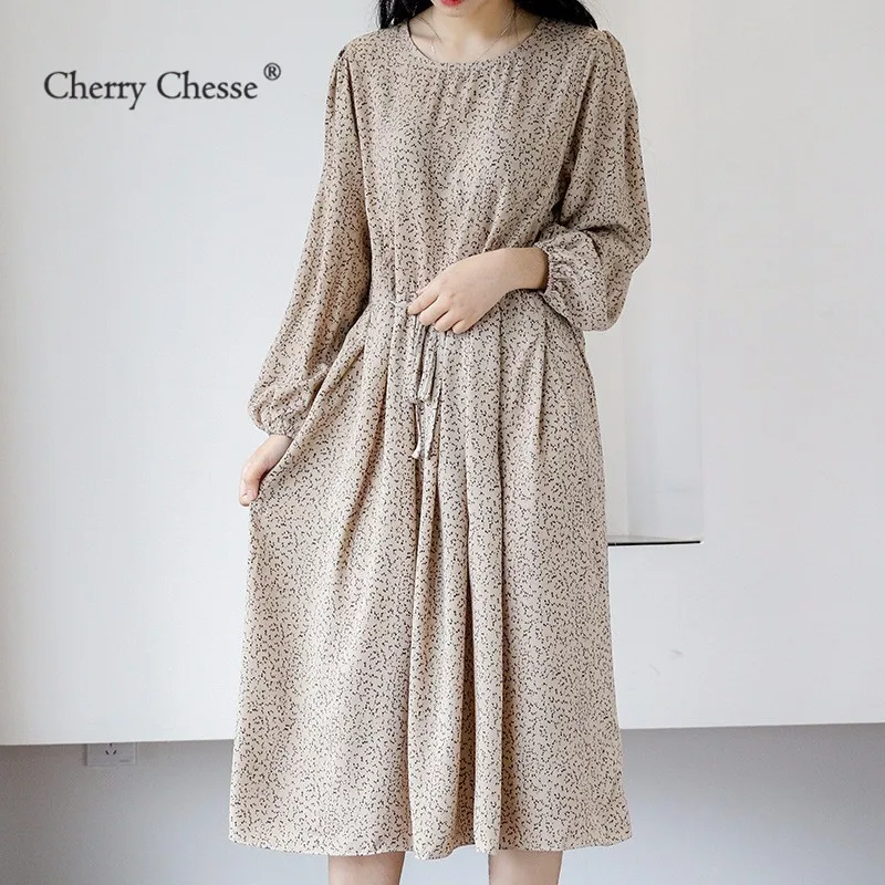 Cherry Chesse Винтаж платья в цветах шифон кружево до Империя середины икры платье