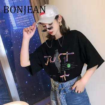 

BONJEAN "Just It" Letters Print Shirt 2019 Women's Tops & Tees Short Sleeve Black T Shirt with Sequin Casual White Shirt BJ1069