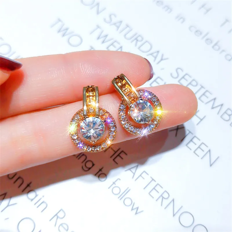 

FYUAN Geometric Round Stud Earrings for Women Girl Bijoux Exquisite Gold Color Small Circle Crystal Earrings Statement Jewelry