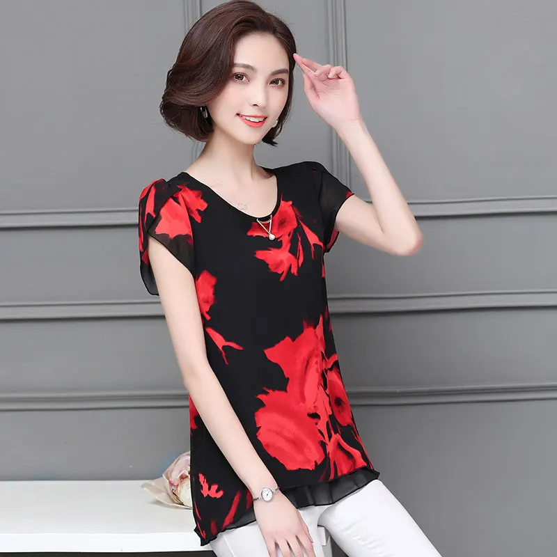 2019 جديد الربيع 5XL الشيفون الكتان النساء بلوزة عارضة فضفاض shortSleeve البلوزات قمصان زائد حجم الأزهار الإناث Blusas قمم