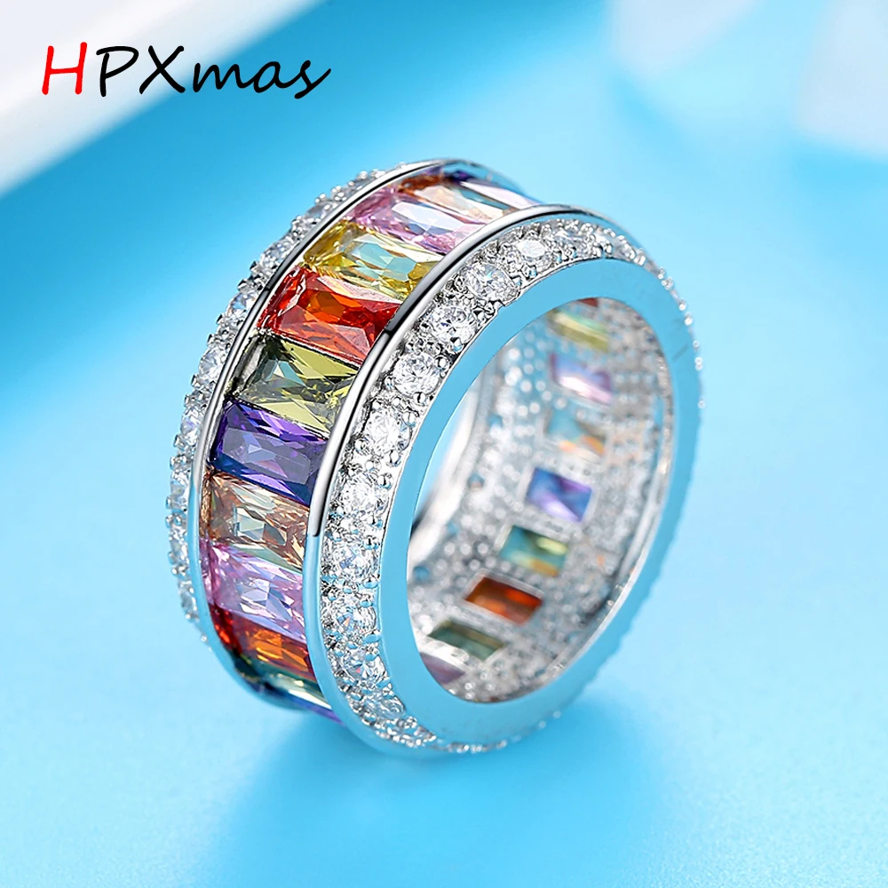 

HPXmas Brand Gold filled fully-jewelled Rainbow colorful cubic zirconia square baguette cz Eternity Ring women Jewelry gift C50