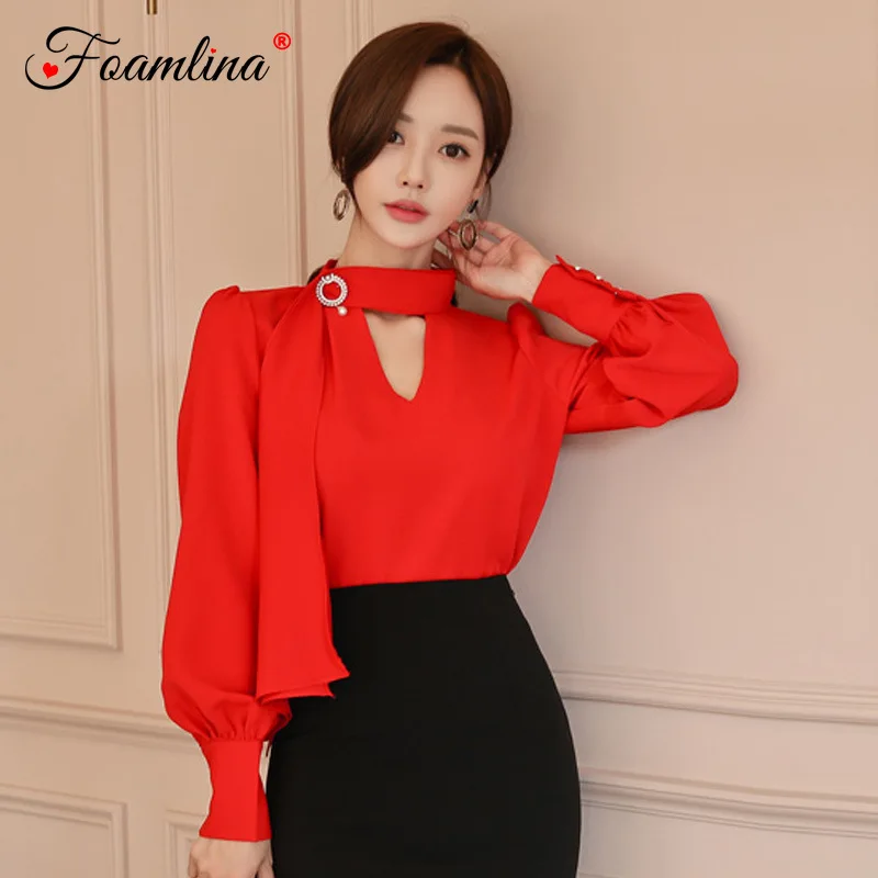 

Foamlina Elegant Women Korean Fashion Red Blouse Shirt 2019 New Spring Bow Tie Ribbon Neck Long Lantern Sleeve Casual Work Shirt