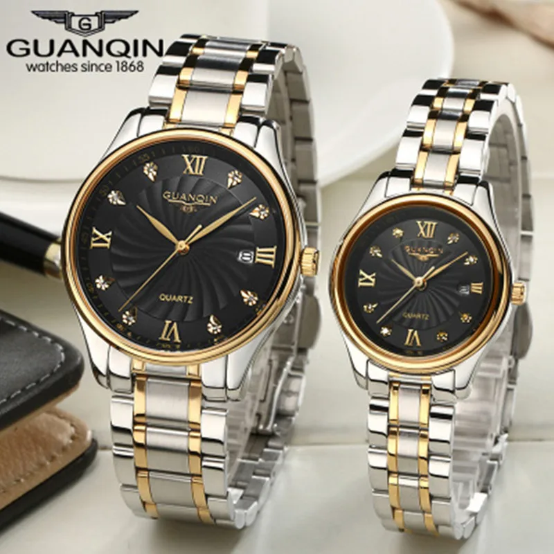

Luxury Couples Watch Pair Brand Guanqin Watches With Date Calendar Quartz Sapphire Love Rhinestone Watch Waterproof Wristwatches