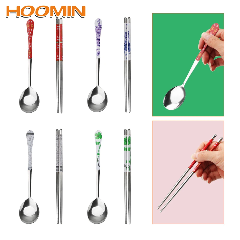 

HOOMIN 2pcs/set Chopstick And Spoon Set Dinnerware Set Clover Flower Fish Printed Pattern Stainless Steel Portable Tableware
