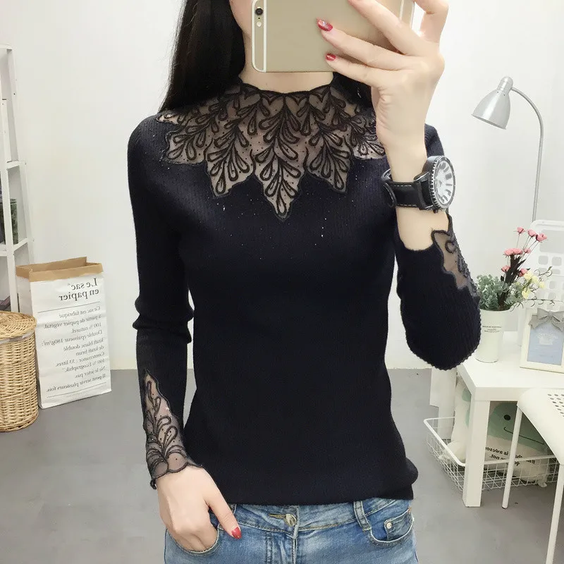 Autumn Winter Fashion Women Lace Sweater Elegant Female Half Turtleneck Slim Long Sleeve Knitted Pullovers Tight Sweater