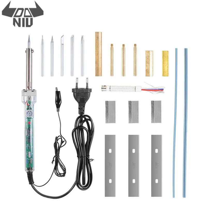 

DANIU 19Pcs 220V Adjustable Solder Iron 60W All Copper Extrusion Head with Hot Strip LCD Line Maintenance Tools EU Plug