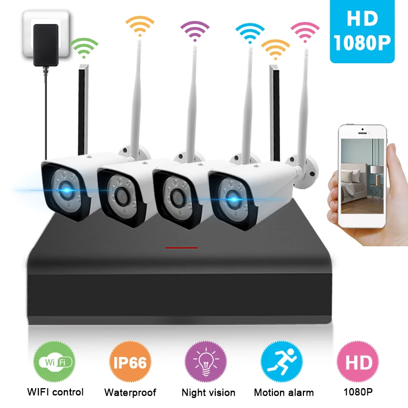 

4CH Wireless CCTV System 1080P HD AHD CCTV DVR 4Pcs IR Outdoor Security Camera WiFi Video Surveillance Camera Kit IP Cam ForHome