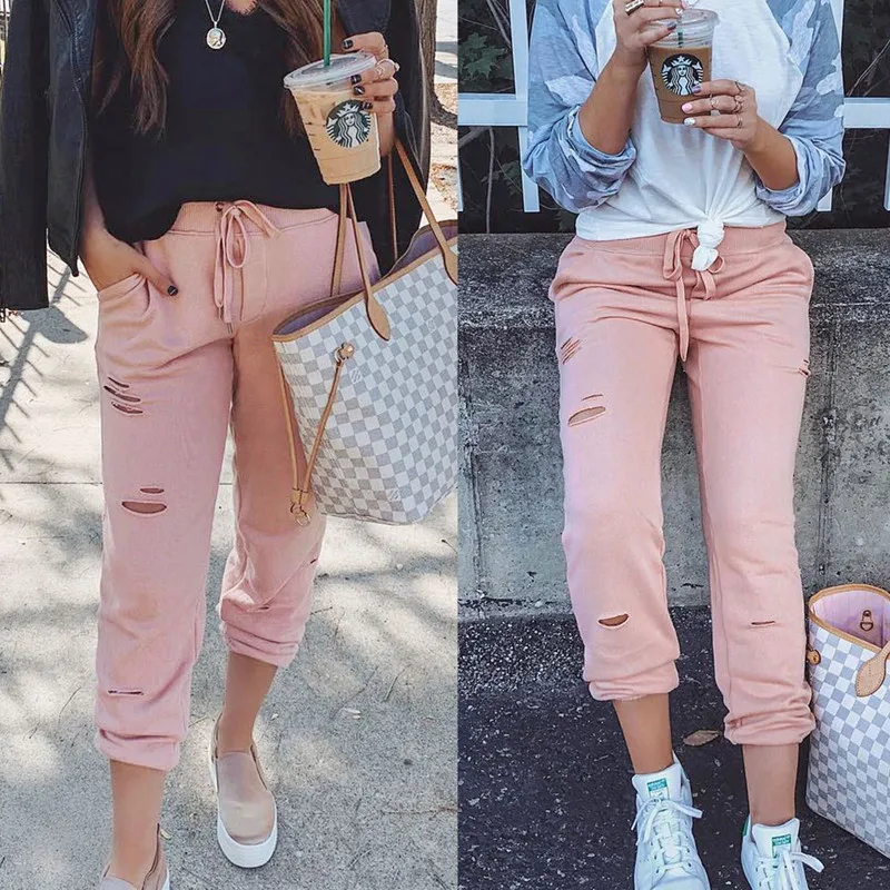 

Casual Women Jogger Dance Harem Pants Baggy Sport Slacks Trousers Drawstring Lace-up Sweatpants Solid Color Holes Pants