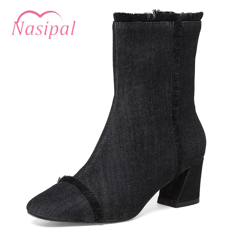 Nasipal Denim Thick High Heels Women Boots Holed Ankle Boot 2018 New
