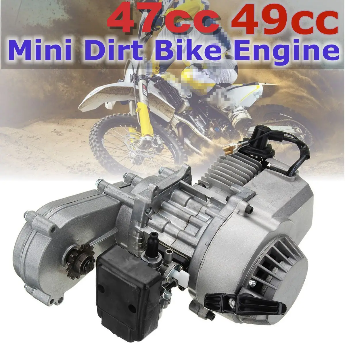 

49cc 47cc Motorcycle Complete Engine 2-Stroke Pull Start W/Transmission Silver For Mini Dirt Bike