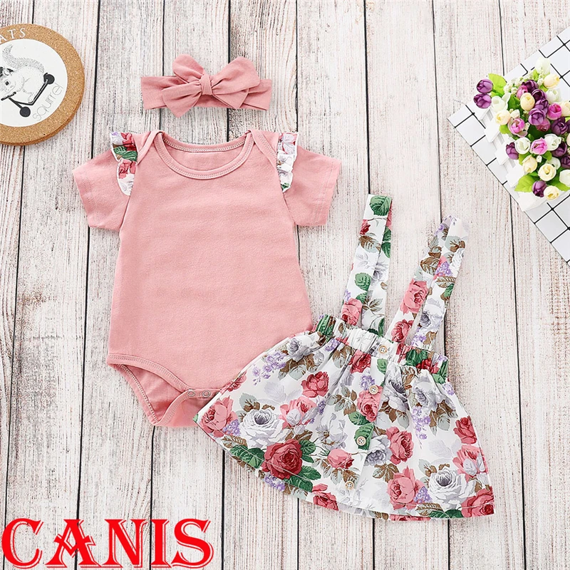 Детская одежда для малышки, летний розовый Боди с короткими рукавами, юбка с цветочным рисунком, повязка на голову, костюм, одежда, милый хлопок, 3 предмета