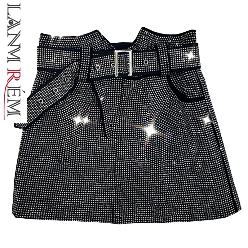 

LANMREM 2019 New Fashion Full Rhinestone High Waist Skirt With Belt For Women All-match Female's Bottoms High Quality YG34701