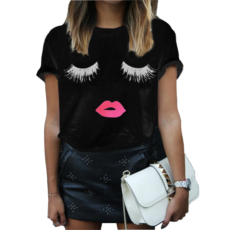 

New Arrival 2016 Summer Style Women Elegant Lashes Lip Print T Shirt Casual Loose Simple O Neck White Top Tees Blusas