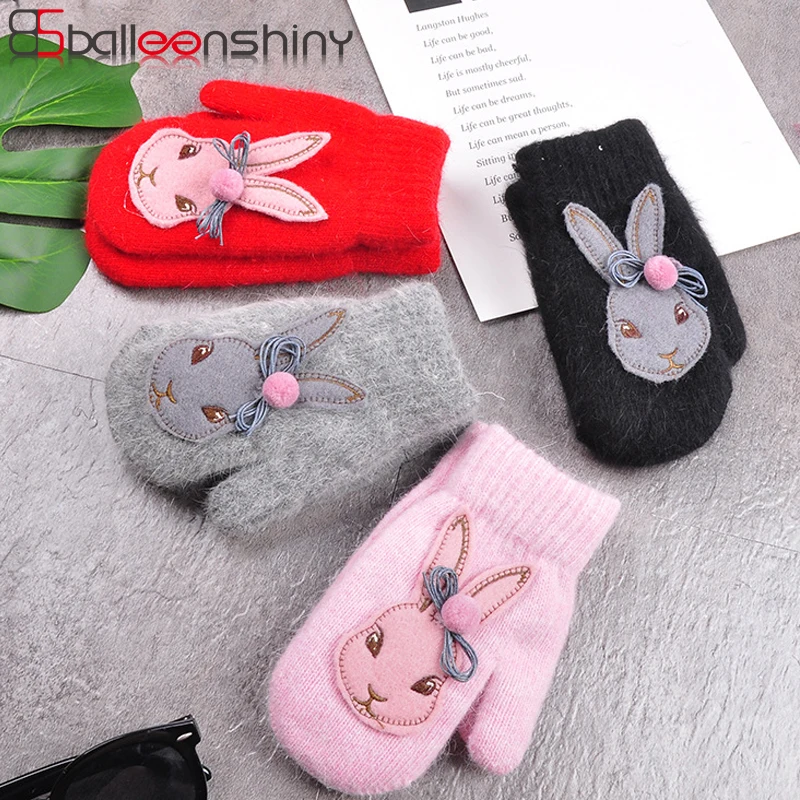 

BalleenShiny Cartoon Rabbit Gloves Winter Children Thicken Warm Gloves Kids Girls Cute Full Fingers Rabbit Hair Wool Mittens