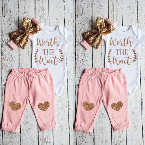 

WORTH THE WAIT Baby Girl Tops Romper Pants Headband Kids Outfit Set Clothes 0-18M