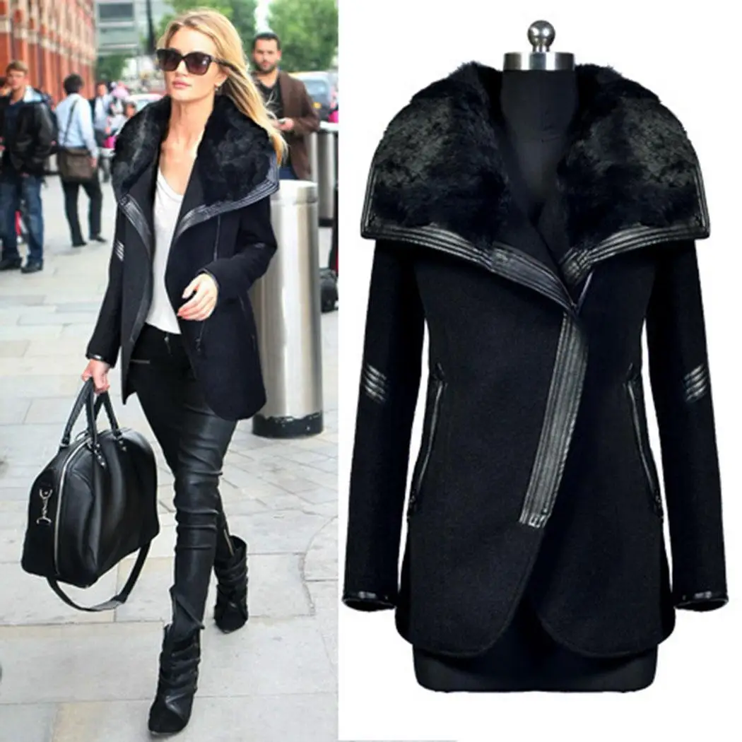

Women Winter Long Sleeve Casual Solid Turn-down Collar Slim Pocket Zipper Black Coat