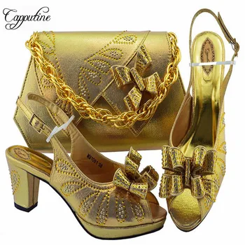 

Capputine Latest Design Gold Color Shoe With Matching Bag Set African With Rhinestone Wedding Shoes And Bag Set For Party