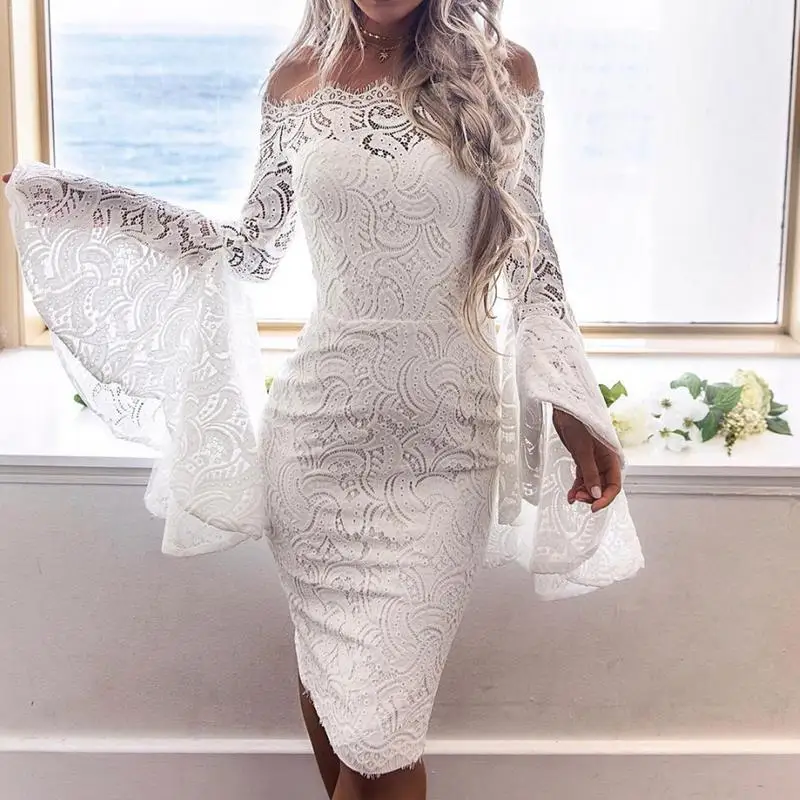 

Glamaker Off Shoulder Sexy Lace Women Dress Robe Flare Sleeve Bodycon Summer Dress Evening Party Elegant Dress Vestido De Festa