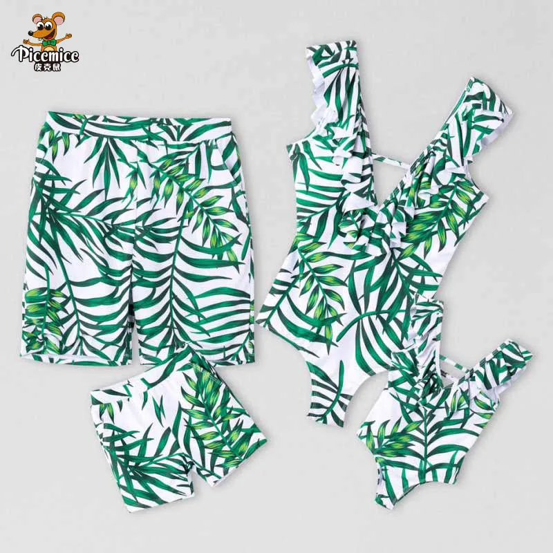 

Leaf Swimsuit Family Matching Outfits Look Mother Daughter Swimwear Mommy And Me Bikini Dress Clothes Father Son Swimming Shorts