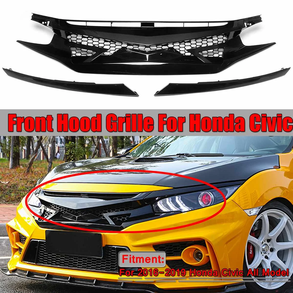 

3peice Car Front Grilled For Civic Bumper Center Grill Grille+Car Headlight Sticker Cover Eye Lid For Honda For Civic 2016-2019
