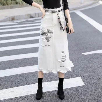 

2019 New Women Summer Fashion Casual High Waist Denim Skirt Letter Hole White Package Hip Jeans Skirt
