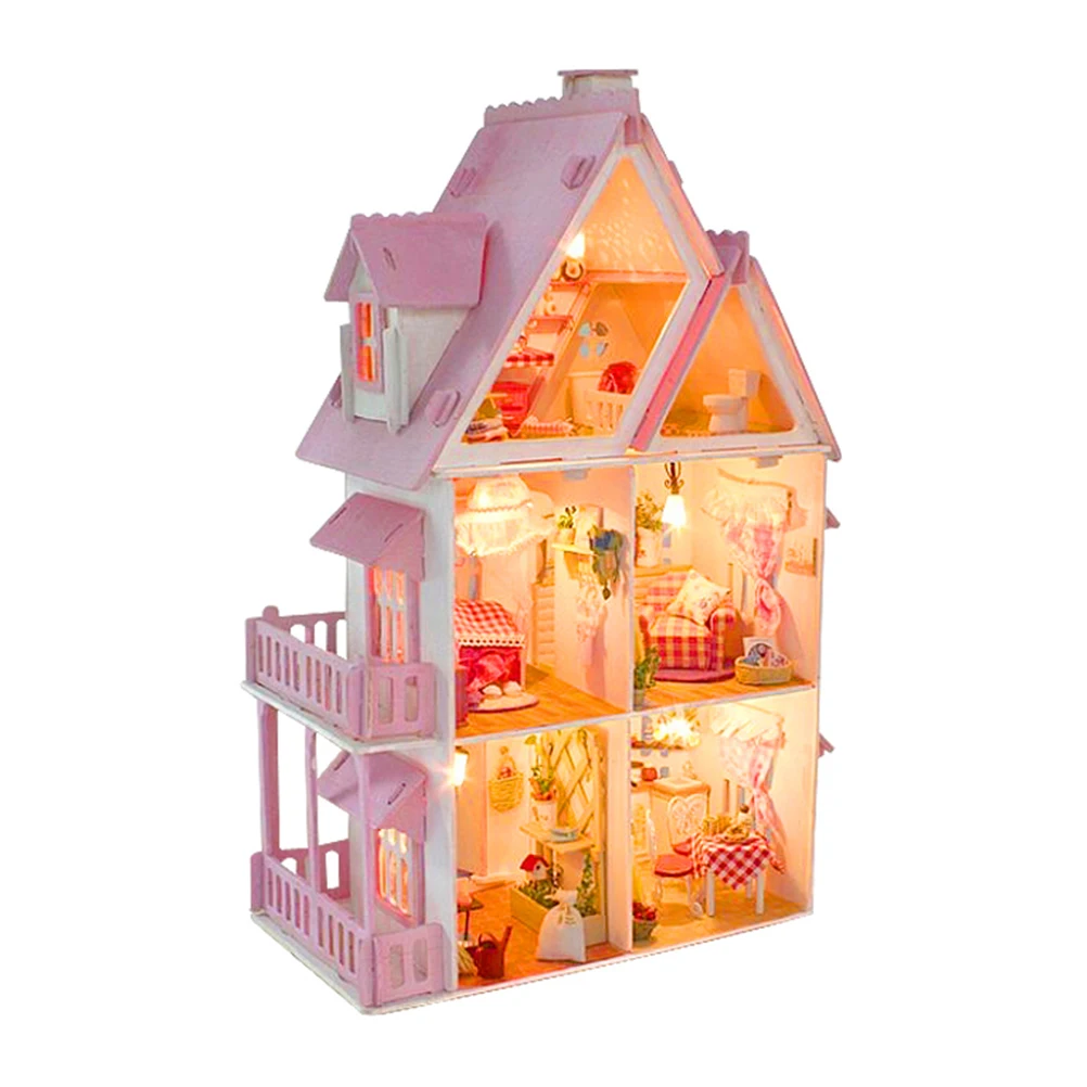 

1pc New DIY House Pink Lovely Room Furnishing LED Furniture Kit Assemble Miniature House Valentine's present for Friends