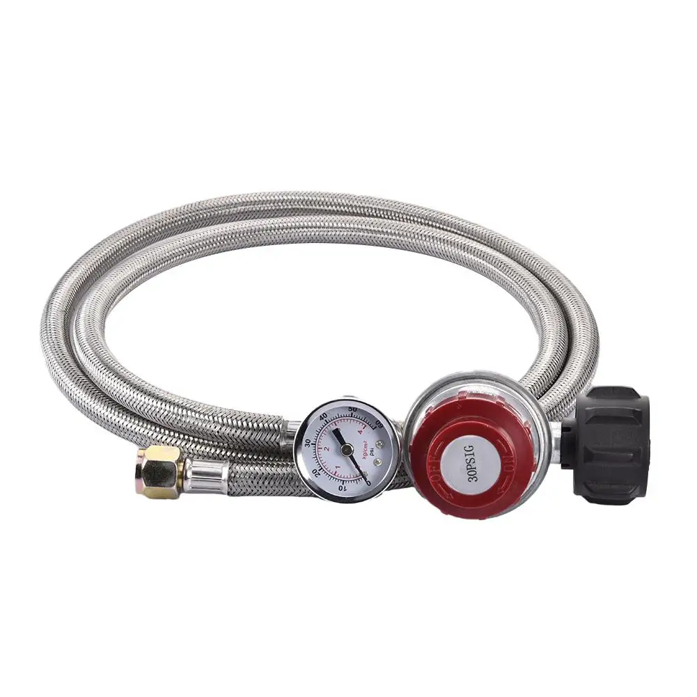 

0~30PSI High Pressure Propane Regulator Adjustable Stainless Steel Braided 3/8" Flare Swivelnut Hose Connector with Gauge