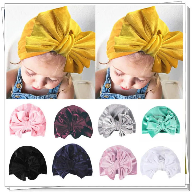 Cute Velvet Baby Bowknot Hat Newborn Infant Kids Baby Girl Beanie Solid Cap Photo Props