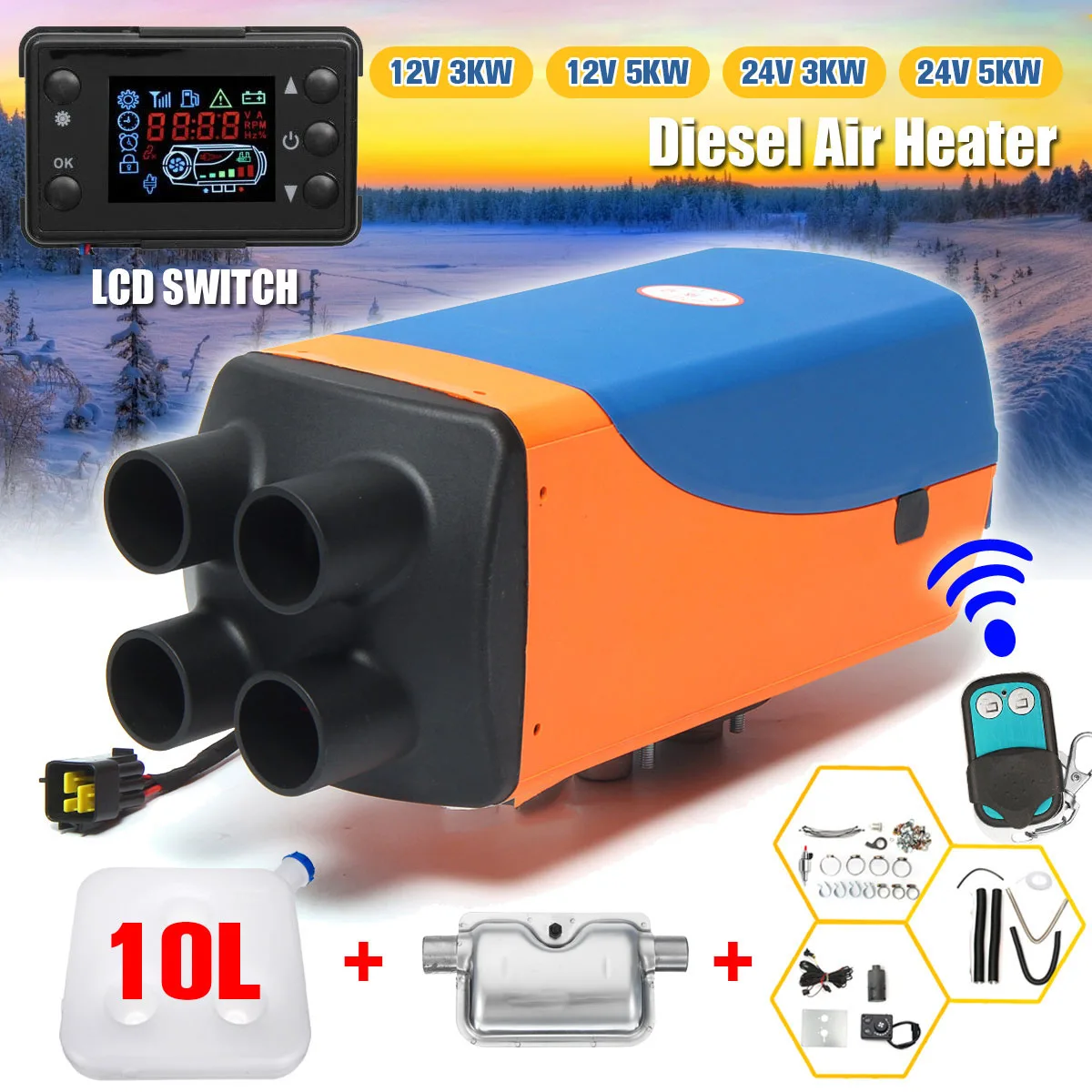 

Audew 12V/24V 3kw/5kw Car Heater Air Parking Diesels Heater 4 Holes Heating LCD Switch with Silencer & Remote Control