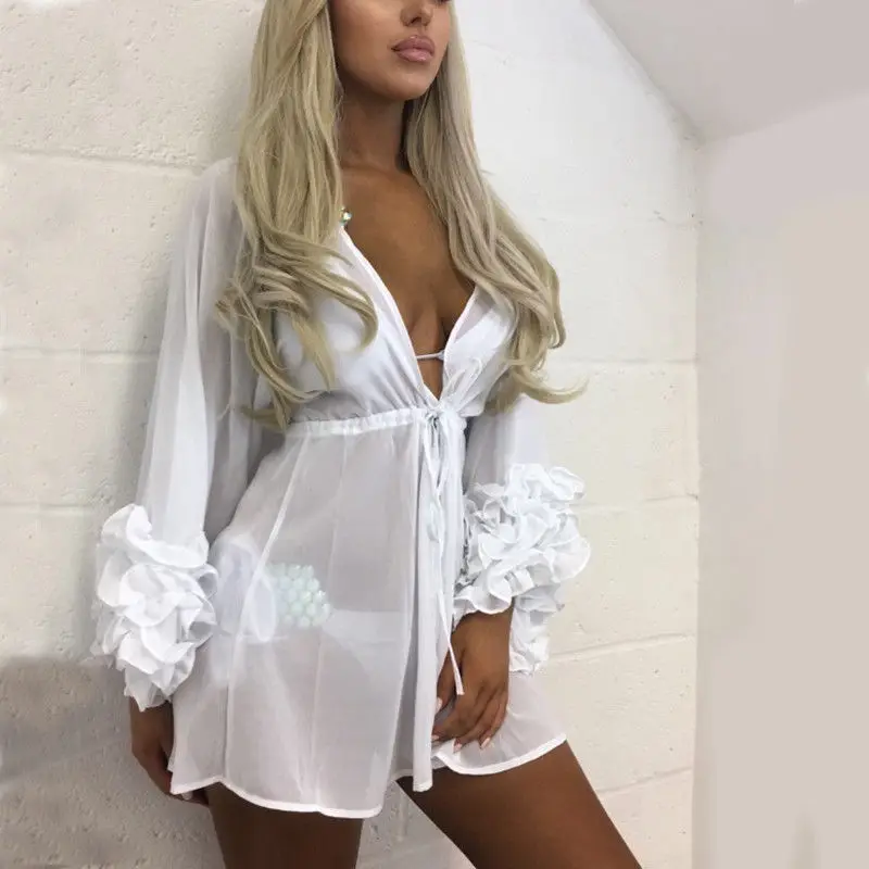 

New Fashion Women Floral Fringed Ball Swimwear Beach Bikini Solid Deep V Neck Dress Kaftan Kimono Dresses